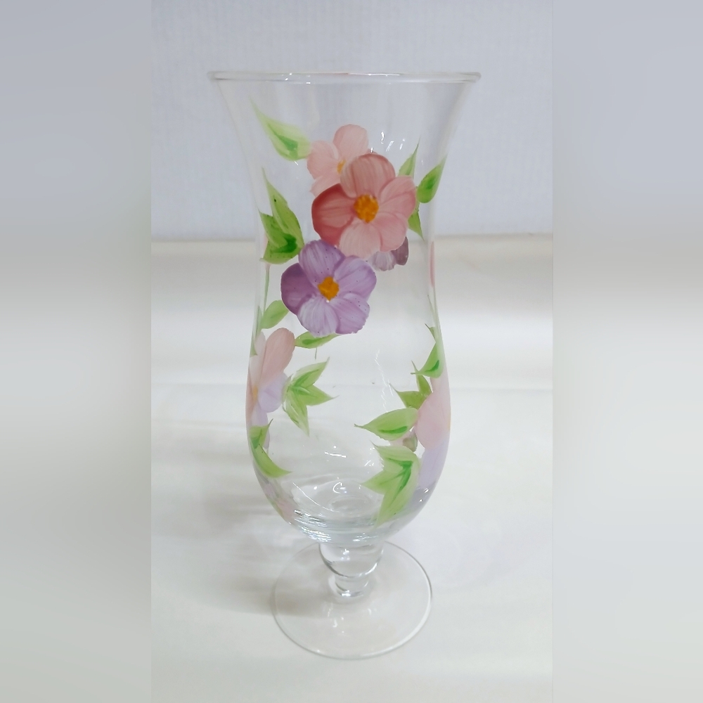 Vintage Handpainted Floral Glass Vase with Pink and Purple Flowers